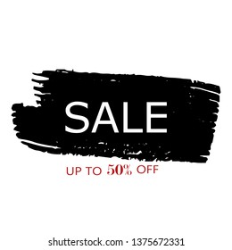 Sale 50% off sign over art black brush acrylic stroke paint abstract texture background vector illustration. Acrylic paint brush stroke. Grunge ink brush stroke. Sale layout design for shop and banner