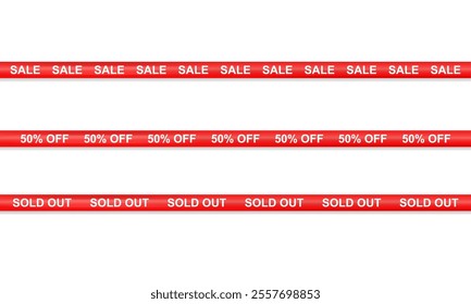 Sale 50% off and sold out Tape Lines, Crossing red ribbon of caution sold out item sign for web banner Marketing. Black Friday flash sale. Shopping stickers and badges for merchandise and promotion 