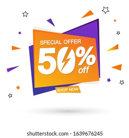 Sale 50% off, special offer, banner design template, discount tag, app icon, vector illustration