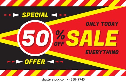 Sale 50% off - special offer - only today everything - concept vector banner. Discount layout. Horizontal geometric poster template.