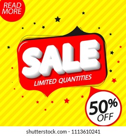 Sale 50% off, speech bubble banner design template, discount tag, app icon, vector illustration