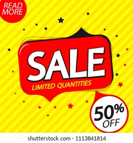 Sale 50% off, speech bubble banner design template, discount tag, app icon, vector illustration