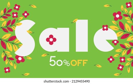  Venta. 50 % de descuento. Plantilla de póster de la venta de primavera. Descuento el colorido cartel vectorial azul mínimo.