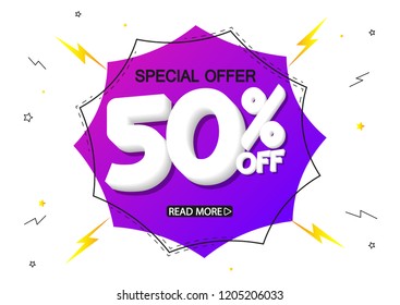 Sale 50% off tag, banner design template, special offer, flash discount sign, app icon, vector illustration