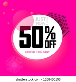 Sale 50% off tag, banner design template, discount tag, just now, vector illustration