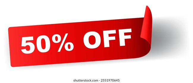 Sale 50% off tag ,Red Banner Sticker label round rectangular ribbon curl ,Sale badge icon symbol vector design for you Shopping Business Website isolated on white background