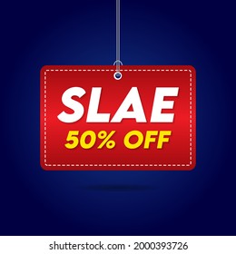 Sale 50% off tag vector red label isolated on dark blue background.Red ribbons, tags and stickers. Vector illustration