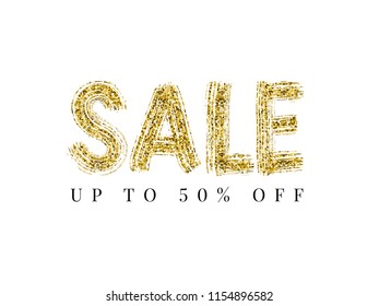 Sale up to 50% off text. Vector illustration. Elegant Gold banner design. Dry brush texture. Hand drawn word on white background.
