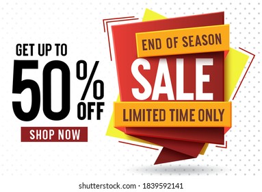Sale 50% off vector banner concept design. End of season sale text with 50% off in colorful label tag for market shopping discount offer advertisement and promotion. Vector illustration.