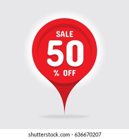 Sale 50 % off - vector concept graphic illustration. Red circle discount sticker design. Abstract location sign. 
