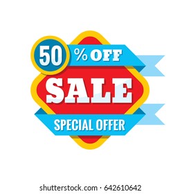 Sale 50% off - vector concept illustration in flat style. Abstract advertising promotion banners on white background. Creative discount badge. Special offer stickers. Design elements.  