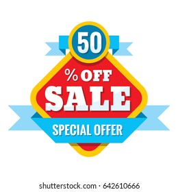 Sale 50% off - vector concept illustration in flat style. Abstract advertising promotion banners on white background. Creative discount badge. Special offer stickers. Design elements.  