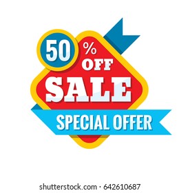 Sale 50% off - vector concept illustration in flat style. Abstract advertising promotion banners on white background. Creative discount badge. Special offer stickers. Design elements.  