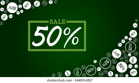 Sale. up to 50% off. Vector horizontal template with sale stickers on green background