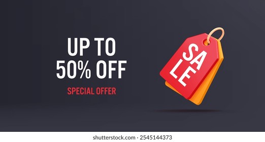 Sale up to 50 percent. 3D price tag on a dark background. For seasonal sales, black Friday concepts. Marketing and advertising. Dark banner. Vector illustration.