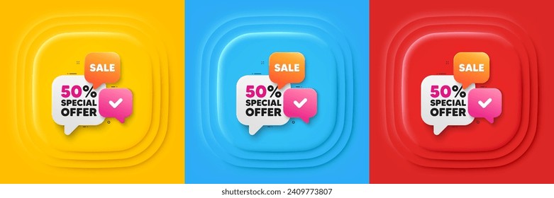 Sale 50 percent banner. Neumorphic offer banner, flyer or poster. Discount chat bubbles. Coupon offer icon. Offer 50 percent promo event banner. 3d square buttons. Special deal coupon. Vector