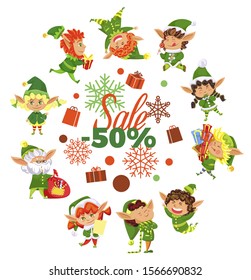 Sale 50 percent discount card decorated by snowflake and present box. Shopping card with funny elf character with gifts and snow symbols. Business promotion poster with fairy hero on white vector