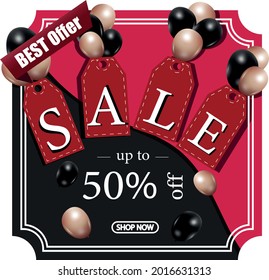 Sale up to 50% percent. Discounts. Multi-colored background black and pink.Special offer symbol. Stock Vector illustration isolated.Clearance. Holiday banner, poster.Online marketing promotion.