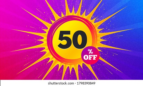 Sale 50 percent off badge. Flare light flash banner. Discount banner shape. Coupon star icon. Gradient shape background. Promotional flyer design. Sale 50% promotion. Vector