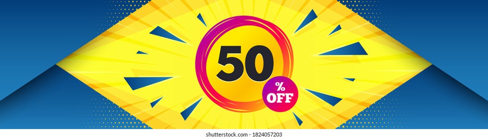 Sale 50 percent off banner. Abstract background with offer message. Discount sticker shape. Coupon star icon. Best advertising coupon banner. Sale 50% badge shape. Abstract yellow background. Vector