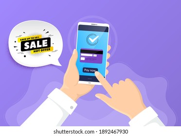 Sale 50 Percent Off Banner. Pay By Credit Card From Phone. Discount Sticker Shape. Coupon Tag Icon. Sale 50 Badge. Online Payment By Credit Card. Hand Hold Smartphone. Vector