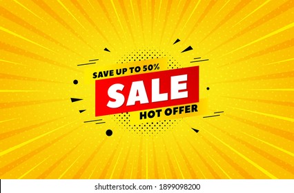 Sale 50 percent off banner. Yellow background with offer message. Discount sticker shape. Hot offer icon. Best advertising coupon banner. Sale 50 badge shape. Abstract background. Vector