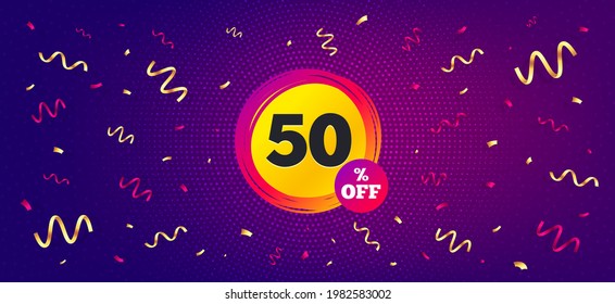Sale 50 percent off banner. Festive confetti background with offer message. Discount sticker shape. Coupon star icon. Best advertising confetti banner. Sale 50 badge shape. Vector