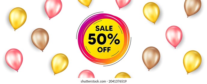 Sale 50 percent off banner. Promotion ad banner with 3d balloons. Discount sticker shape. Coupon star icon. Isolated party balloons background. Sale 50 percent label. Vector
