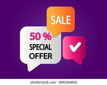 Sale 50 percent off banner. Purple background with offer message. Discount sticker shape. Hot offer icon. Best advertising coupon banner. Sale 50 badge shape. Abstract background. Vector.
