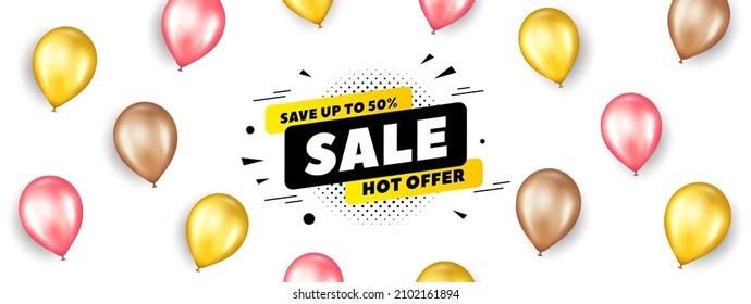 Sale 50 percent off banner. Promotion ad banner with 3d balloons. Discount sticker shape. Coupon tag icon. Isolated party balloons background. Sale 50 percent label. Vector