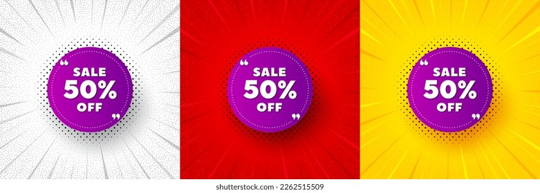 Sale 50 percent off banner. Flash offer banner, coupon or poster. Discount sticker shape. Coupon bubble icon. Sale 50 percent promo banner. Retail marketing flyer. Starburst pop art. Vector