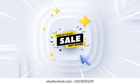 Sale 50 percent off banner. Neumorphic offer 3d banner, poster. Discount sticker shape. Coupon tag icon. Sale 50 percent promo event background. Sunburst banner, flyer or coupon. Vector