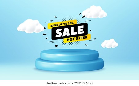 Sale 50 percent off banner. Winner podium 3d base. Product offer pedestal. Discount sticker shape. Coupon tag icon. Sale 50 percent promotion message. Background with 3d clouds. Vector