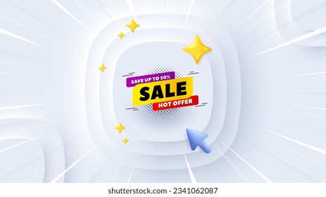 Sale 50 percent off banner. Neumorphic offer 3d banner, poster. Discount sticker shape. Hot offer icon. Sale 50 promo event background. Sunburst banner, flyer or coupon. Vector