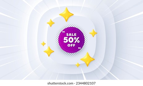 Sale 50 percent off banner. Neumorphic offer 3d banner, coupon. Discount sticker shape. Coupon bubble icon. Sale 50 percent promo event background. Sunburst banner, flyer or poster. Vector