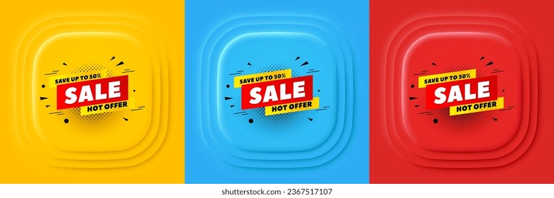 Sale 50 percent off banner. Neumorphic offer banner, flyer or poster. Discount sticker shape. Hot offer icon. Sale 50 percent promo event banner. 3d square buttons. Special deal coupon. Vector