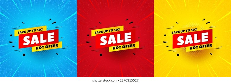 Sale 50 percent off banner. Sunburst offer banner, flyer or poster. Discount sticker shape. Hot offer icon. Sale 50 percent promo event banner. Starburst pop art coupon. Special deal. Vector