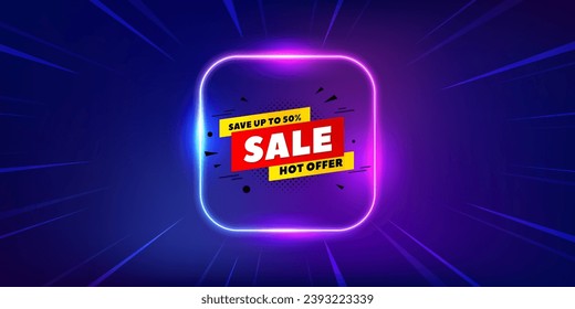 Sale 50 percent off banner. Neon light frame offer banner. Discount sticker shape. Hot offer icon. Sale 50 percent promo event flyer, poster. Sunburst neon coupon. Flash special deal. Vector