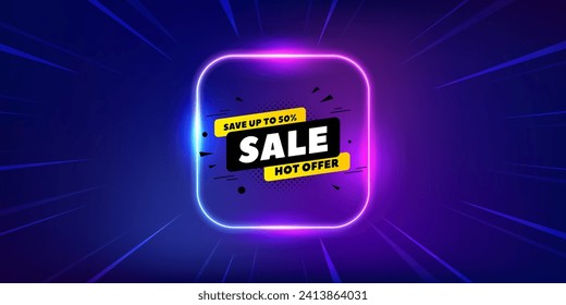 Sale 50 percent off banner. Neon light frame offer banner. Discount sticker shape. Coupon tag icon. Sale 50 percent promo event flyer, poster. Sunburst neon coupon. Flash special deal. Vector