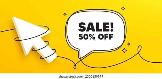 Sale 50 percent off discount. Continuous line chat banner. Promotion price offer sign. Retail badge symbol. Sale speech bubble message. Wrapped 3d cursor icon. Vector