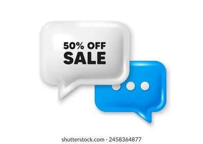 Sale 50 percent off discount. Chat speech bubble 3d icon. Promotion price offer sign. Retail badge symbol. Sale chat offer. Speech bubble banner. Text box balloon. Vector