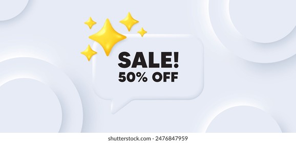 Sale 50 percent off discount. Neumorphic background with chat speech bubble. Promotion price offer sign. Retail badge symbol. Sale speech message. Banner with 3d stars. Vector