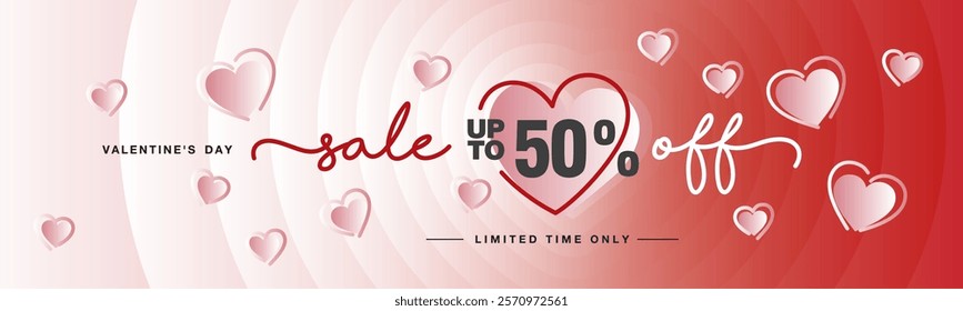 Sale up to 50 percent off handwritten typography lettering. Valentine's Day card. Promotion shopping template on pink magenta blend heart shape background with meny pink love hearts over