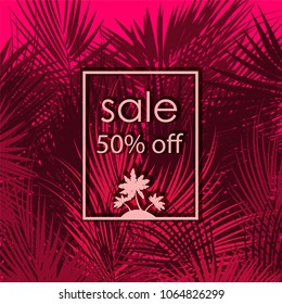 Sale 50 percent off on pink palm tree branches background. Vector illustration.