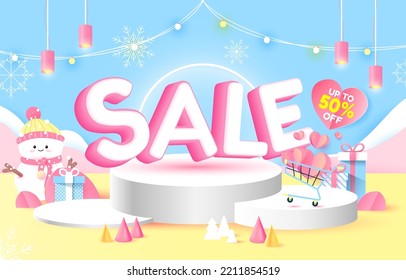 Sale 50 percent Off. Product display presentation. white podium. Discount creative composition. paper cut and craft style. vector art and illustration.
