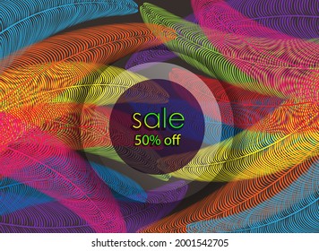 Sale 50 percent off sign on colorful palm tree branches background. Vector illustration.