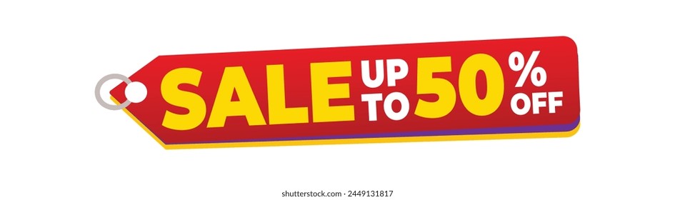 Sale up to 50 percent off special offer tag label. Bright discount badge template with half price clearance information for cheap product purchase vector illustration.