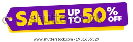 Sale up to 50 percent off special offer tag label. Bright discount badge template with half price clearance information for cheap product purchase vector illustration isolated on purple background