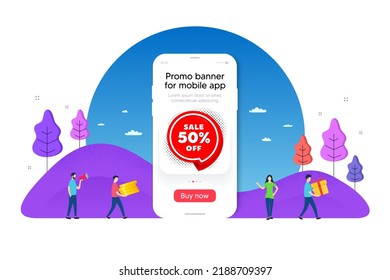 Sale 50 percent off sticker. Phone ui interface banner. Discount banner shape. Coupon bubble icon. Mobile smartphone promo banner. Sale 50 percent tag. Man with gift box. Vector