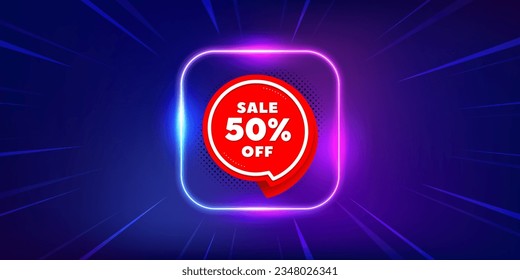 Sale 50 percent off sticker. Neon light frame offer banner. Discount banner shape. Coupon bubble icon. Sale 50 percent promo event flyer, poster. Sunburst neon coupon. Flash special deal. Vector